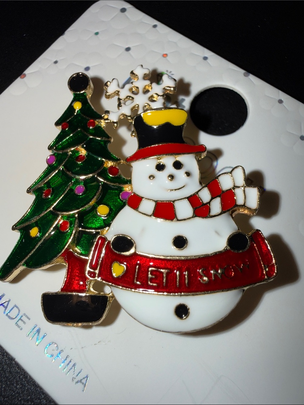 Mint Holiday Snowman & Christmas Tree Brooch — White, Green, Red, Yellow, Black